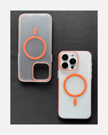 Orange MagSafe case for iPhone featuring corrugated design and non-slip grip for enhanced protection.