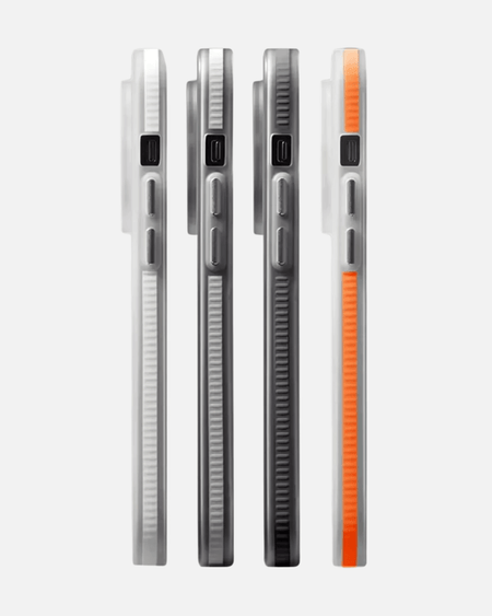 Side view of four MagSafe cases for iPhone showcasing various colors and rugged corrugated designs including orange.