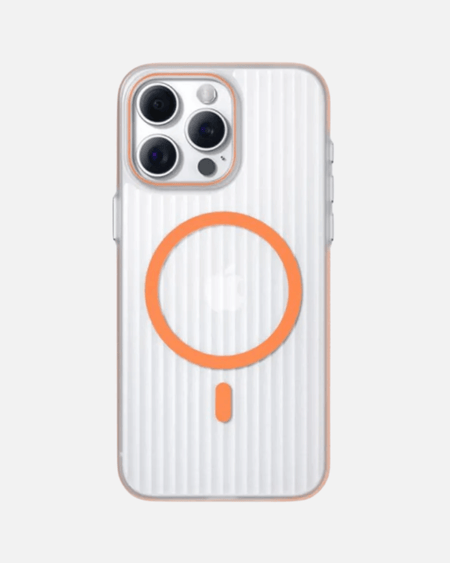 Orange MagSafe case for iPhone with corrugated design, offering non-slip grip and high-impact protection.
