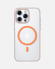 Orange MagSafe case for iPhone with corrugated design, offering non-slip grip and high-impact protection.