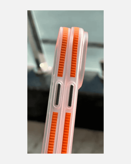 Close-up of MagSafe iPhone case showing orange corrugated grip design for enhanced protection and style.