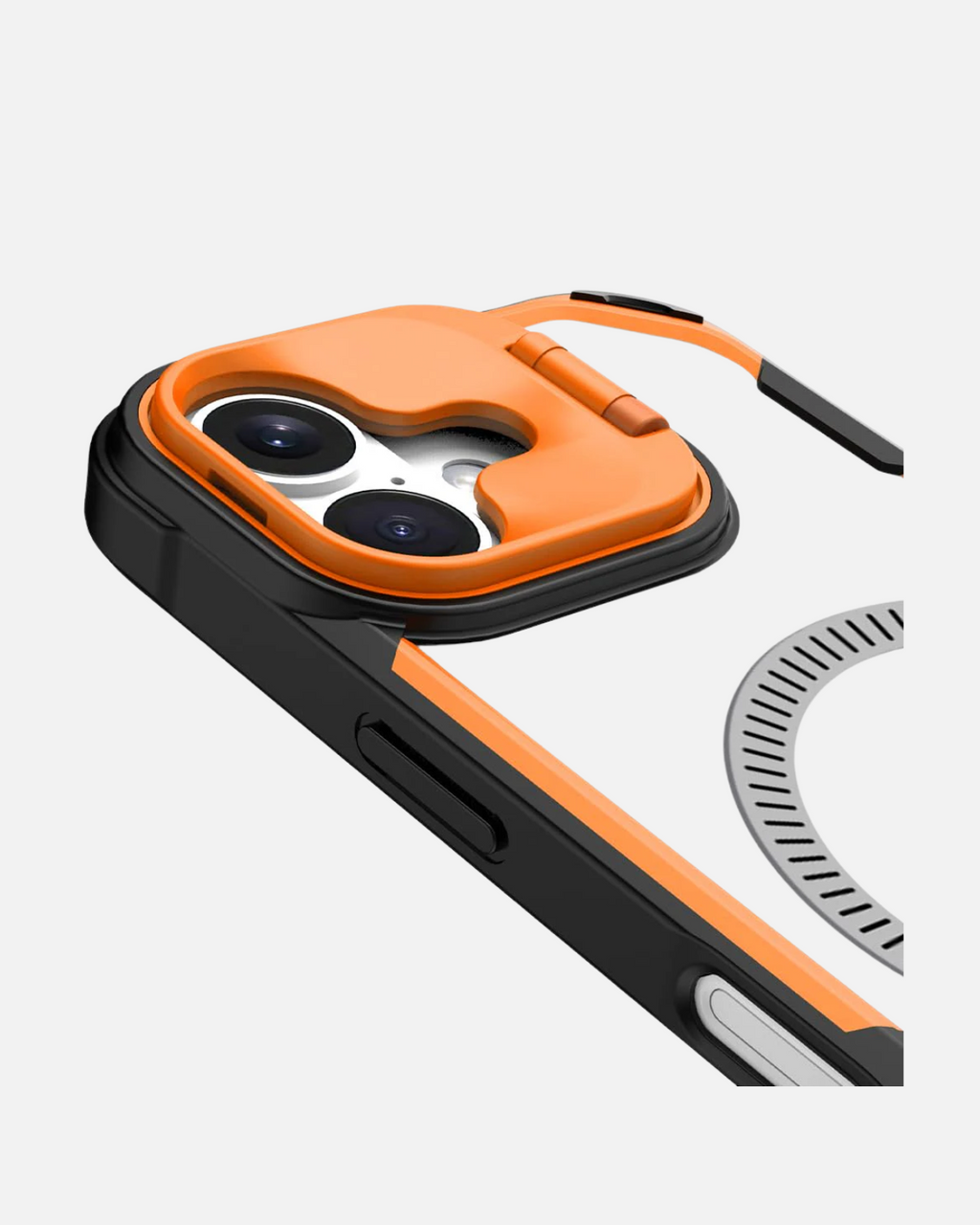 Close-up of orange MagSafe case with camera lens protector for iPhone 16 Pro Max, showcasing rugged design and functionality.