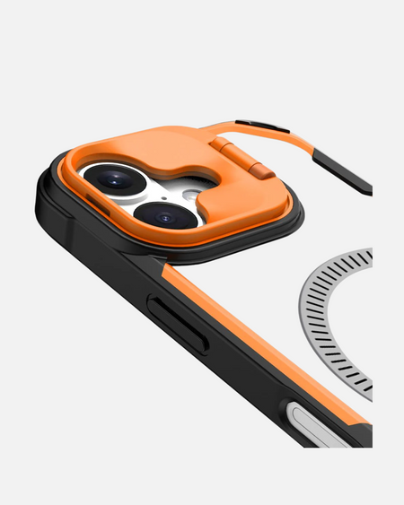 Close-up of orange MagSafe case with camera lens protector for iPhone 16 Pro Max, showcasing rugged design and functionality.