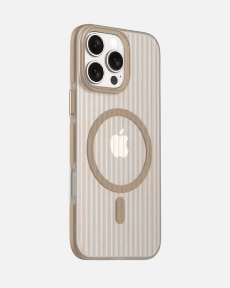MagSafe case for iPhone with corrugated design in Dessert Titanium, featuring non-slip grip and seamless charging support.