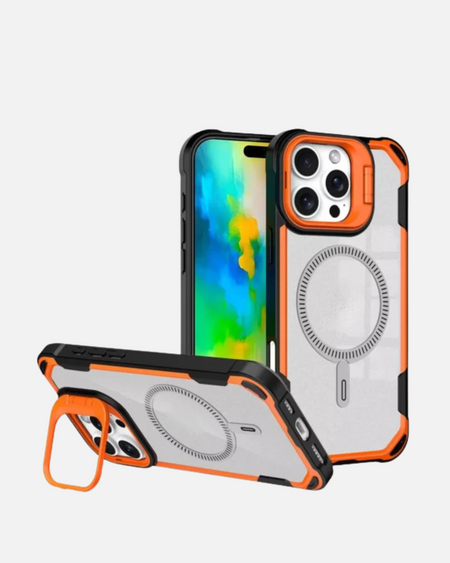 MagSafe case with stand and camera lens protector for iPhone 16 Pro Max in orange, showcasing rugged design and functionality.