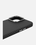 Close-up of MagSafe ultra-thin aramid fiber iPhone case with metal camera frame and textured finish.