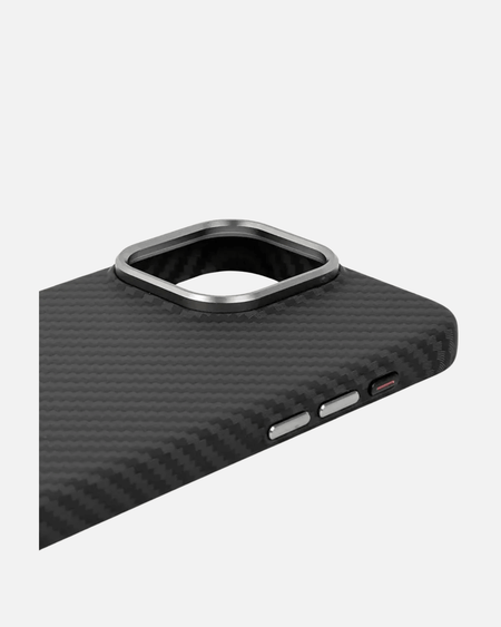 Close-up of MagSafe ultra-thin aramid fiber iPhone case with metal camera frame and textured finish.