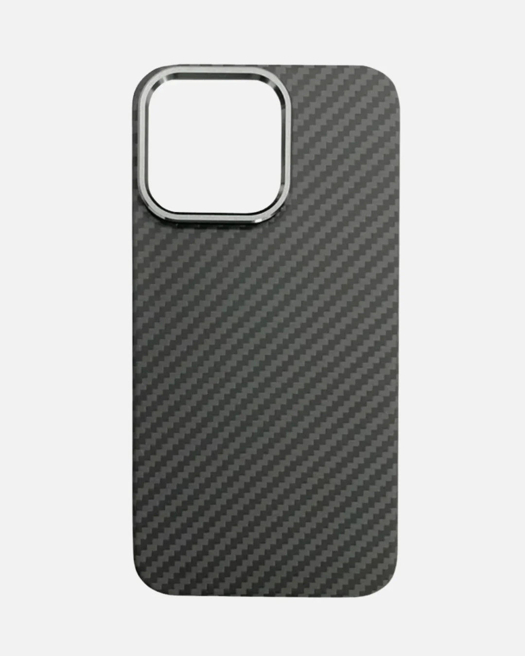 MagSafe compatible ultra-thin aramid fiber iPhone case with brushed carbon finish and metal camera frame.