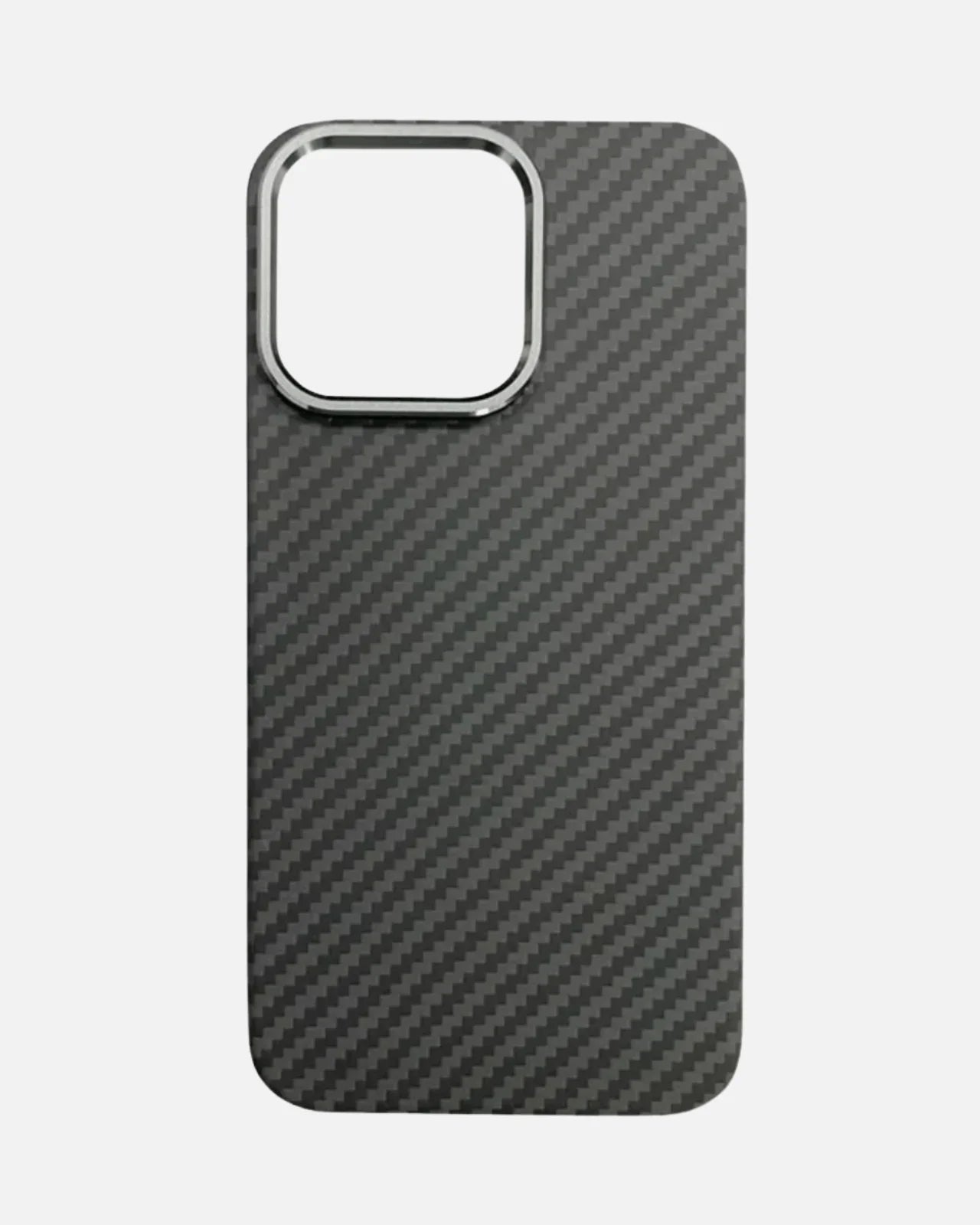 MagSafe compatible ultra-thin aramid fiber iPhone case with brushed carbon finish and metal camera frame.