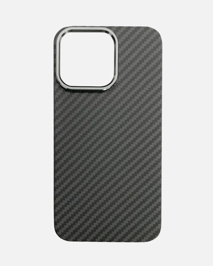 MagSafe compatible ultra-thin aramid fiber iPhone case with brushed carbon finish and metal camera frame.