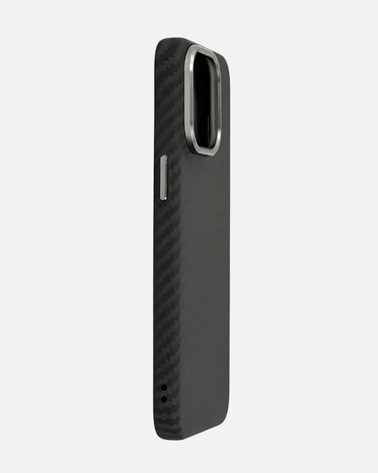 MagSafe compatible ultra-thin aramid fiber iPhone case with brushed carbon finish and metal camera frame.