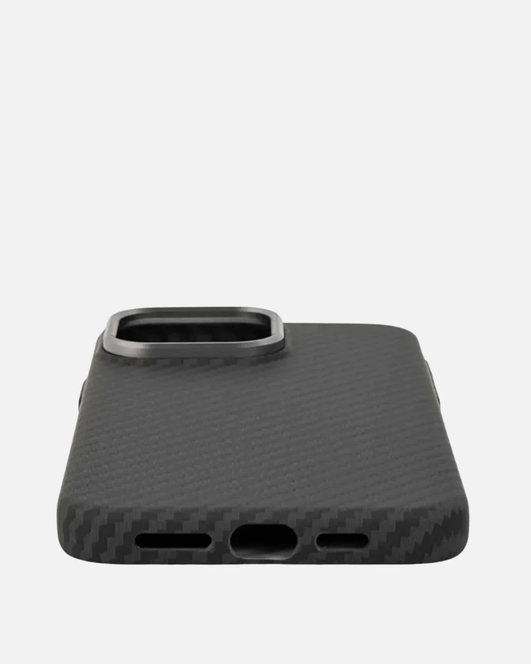 MagSafe compatible ultra-thin aramid fiber iPhone case with metal camera frame and textured finish.