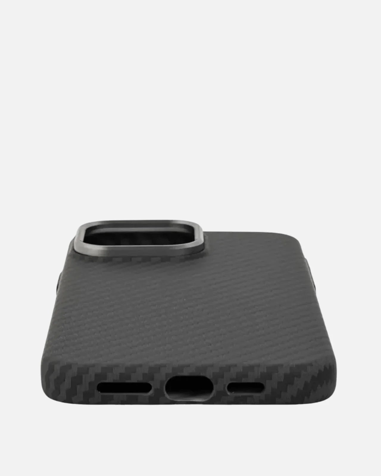 MagSafe compatible ultra-thin aramid fiber iPhone case with metal camera frame and textured finish.