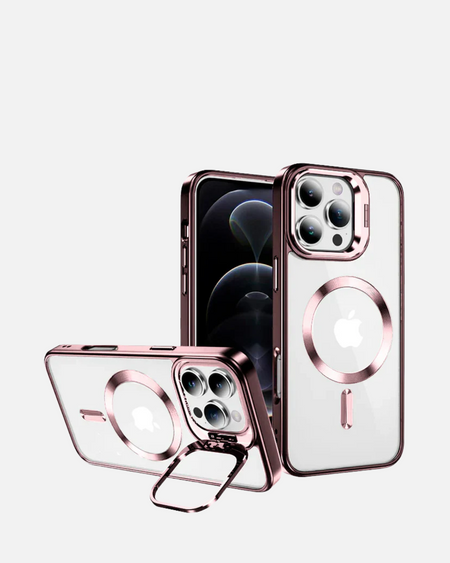 MagSafe Metallic Ring Stand Case for iPhone 16 Pro Max in black and rose gold with clear back and kickstand.