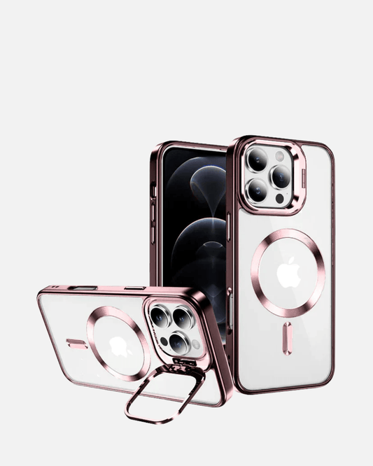 MagSafe Metallic Ring Stand Case for iPhone 16 Pro Max in black and rose gold with clear back and kickstand.