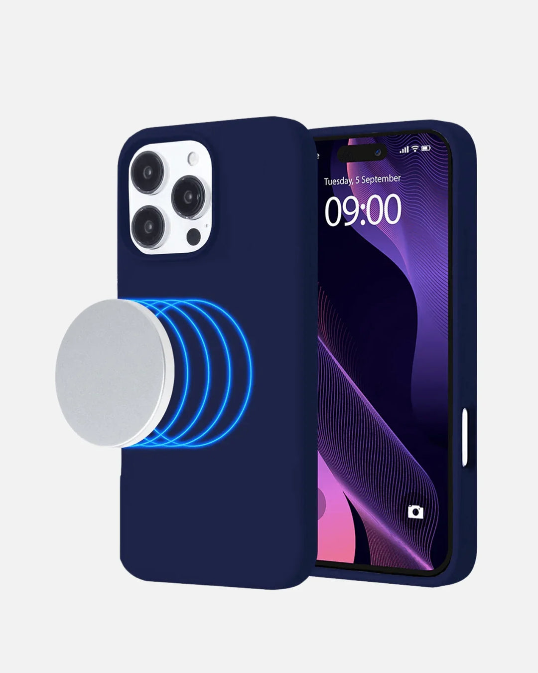 Dark blue MagSafe silicone case for iPhone 16 Pro Max with magnetic charging feature.