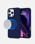 Dark blue MagSafe silicone case for iPhone 16 Pro Max with magnetic charging feature.