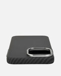 Ultra-thin aramid fiber iPhone case with brushed carbon finish and metal camera frame.