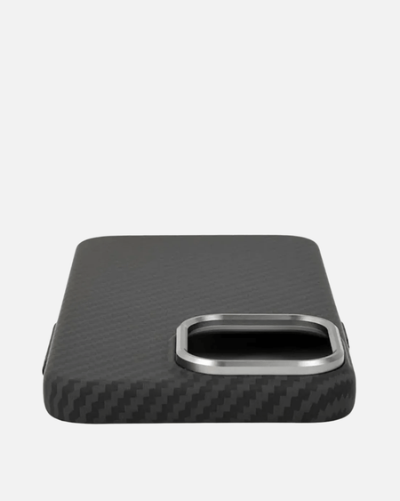 Ultra-thin aramid fiber iPhone case with brushed carbon finish and metal camera frame.