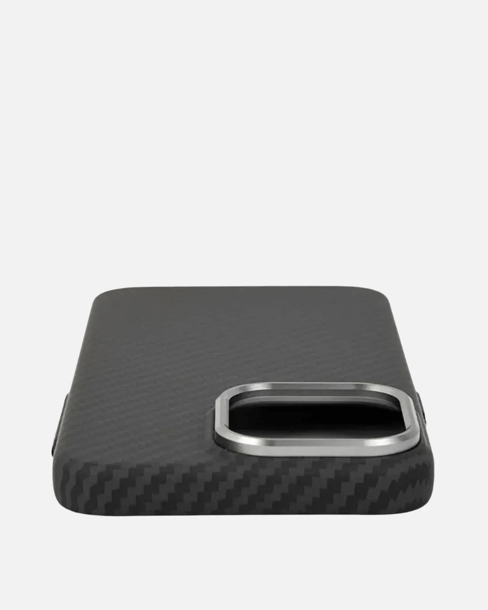 Ultra-thin aramid fiber iPhone case with brushed carbon finish and metal camera frame.