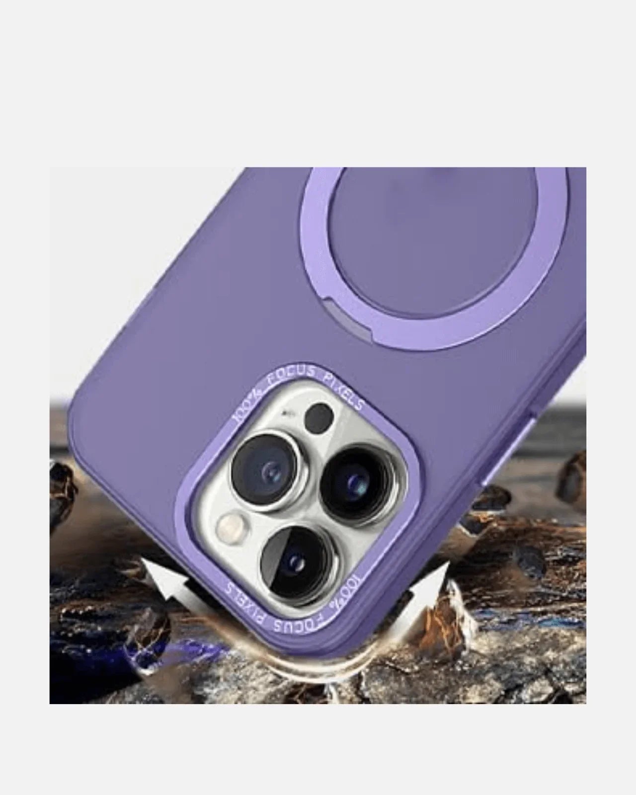 MagSafe wireless charging case for iPhone 16 Pro Max in purple with ring stand, showcasing camera cutout and sleek design.