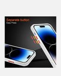 Close-up of iPhone case feature showing separate button design for easy press functionality.