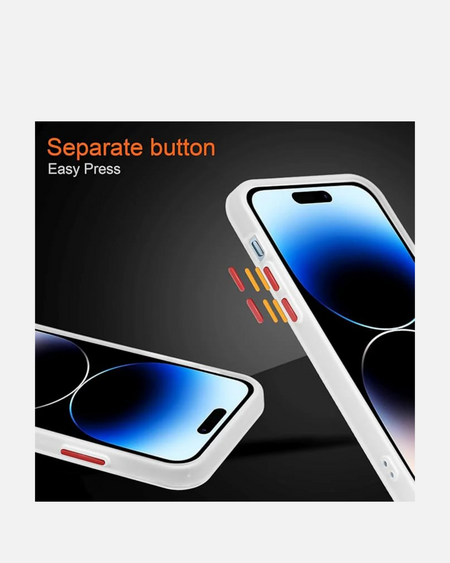 Close-up of iPhone case feature showing separate button design for easy press functionality.