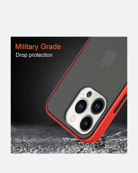 Close-up of matte armor case in red for iPhone 12/13/14/15, showcasing military-grade drop protection feature.