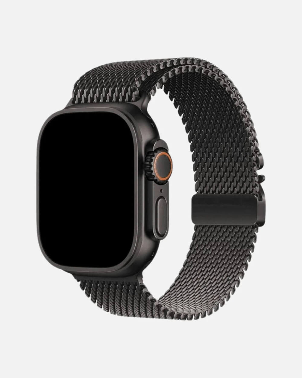 Milanese Loop 2.0 Apple Watch Band in black stainless steel with magnetic closure, compatible with 42/44/45/49mm Apple Watch models. Sleek and breathable design from Creslia.