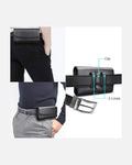 Black PU leather pouch case attached to a belt, showcasing clips and loops for secure fitting and easy access.
