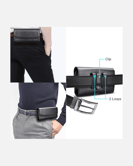 Black PU leather pouch case attached to a belt, showcasing clips and loops for secure fitting and easy access.