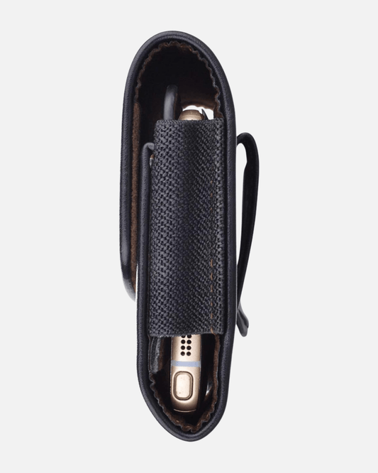Black PU leather multi-slot pouch case holding a smartphone and accessories, top view.