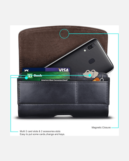 Black PU leather multi-slot pouch case with smartphone and cards, showcasing organizational features and magnetic closure.
