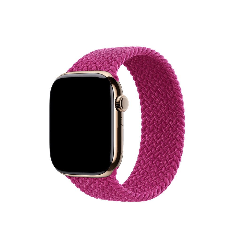 Pink woven Apple Watch band with a sleek design and modern aesthetic for stylish timekeeping.