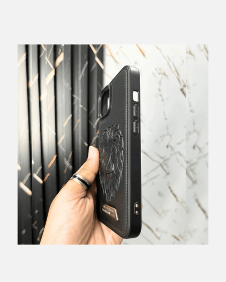 Side view of Premium Embossed Lion iPhone Cover for 14 Pro & 14 Pro Max, showcasing luxury and grip.
