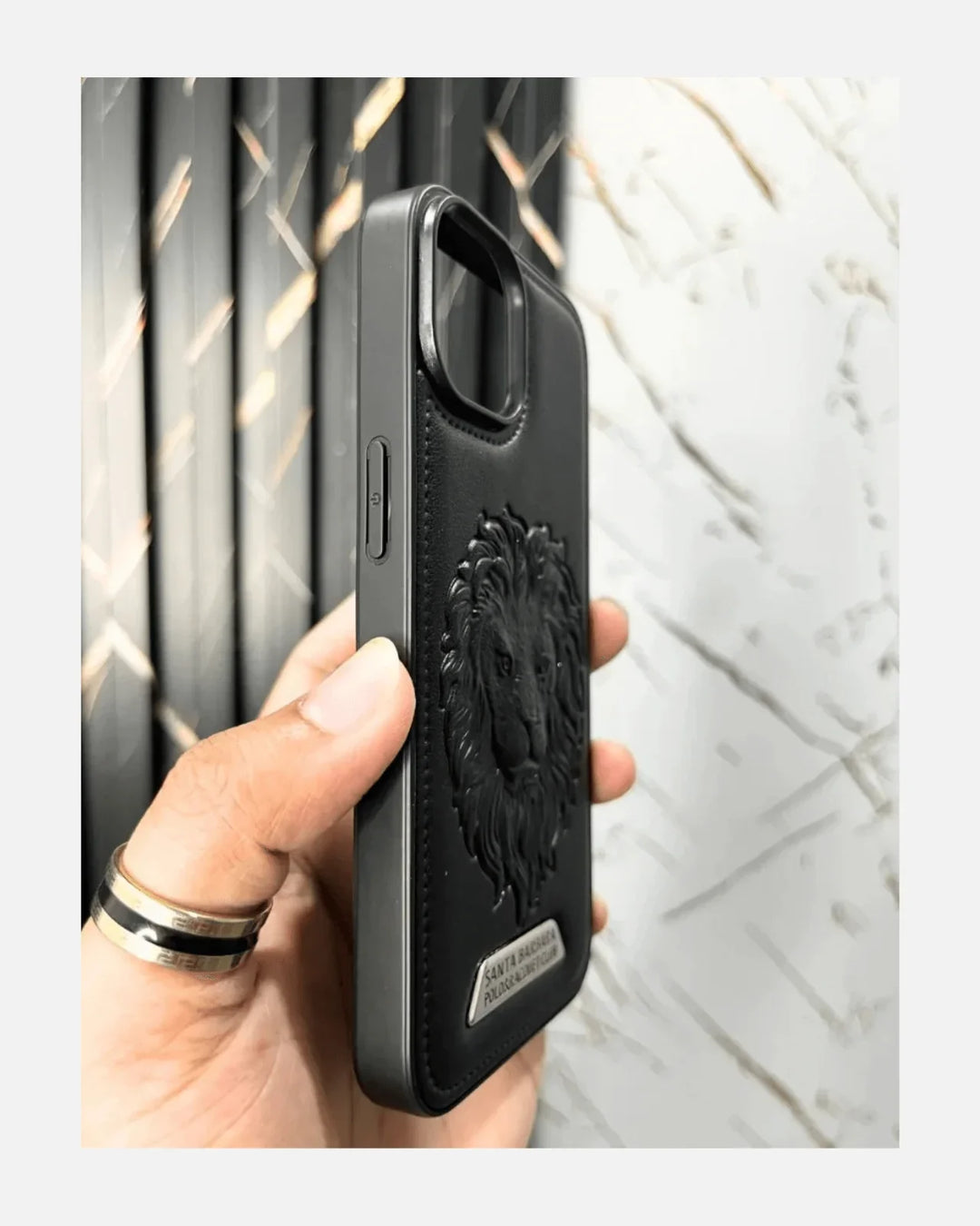 Premium embossed lion iPhone cover, stylish protection for iPhone 14 Pro & Pro Max, luxury leather design.