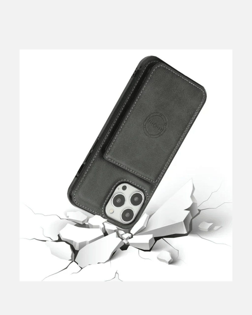 Premium black leather wallet case for iPhone 16 Pro Max, featuring cardholder and stand, showcased on cracked surface.