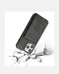 Premium black leather wallet case for iPhone 16 Pro Max, featuring cardholder and stand, showcased on cracked surface.