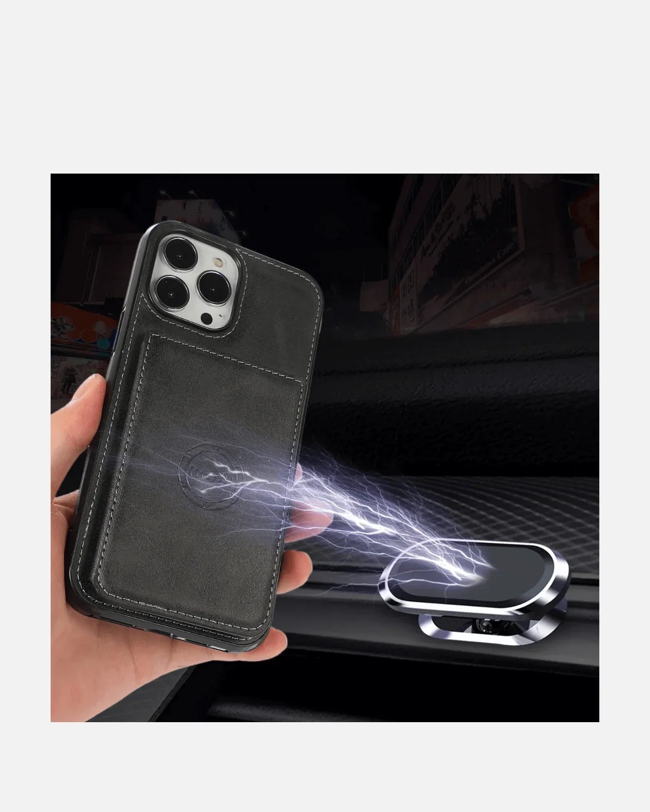 Close-up of a hand holding a black leather wallet case for iPhone with a charging element, showcasing its sleek design.