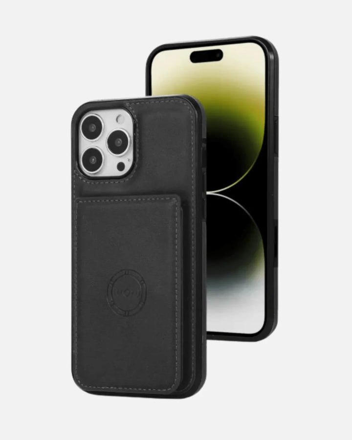 Premium black leather wallet case for iPhone 16 Pro Max with cardholder and kickstand feature.