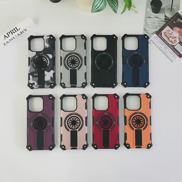 Heavy Duty Magnetic Armor iPhone Case with Kickstand & Spin Wheel - Red