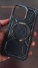 Rugged black armor case for iPhone 16 Pro Max with 360° ring kickstand, offering shockproof protection.