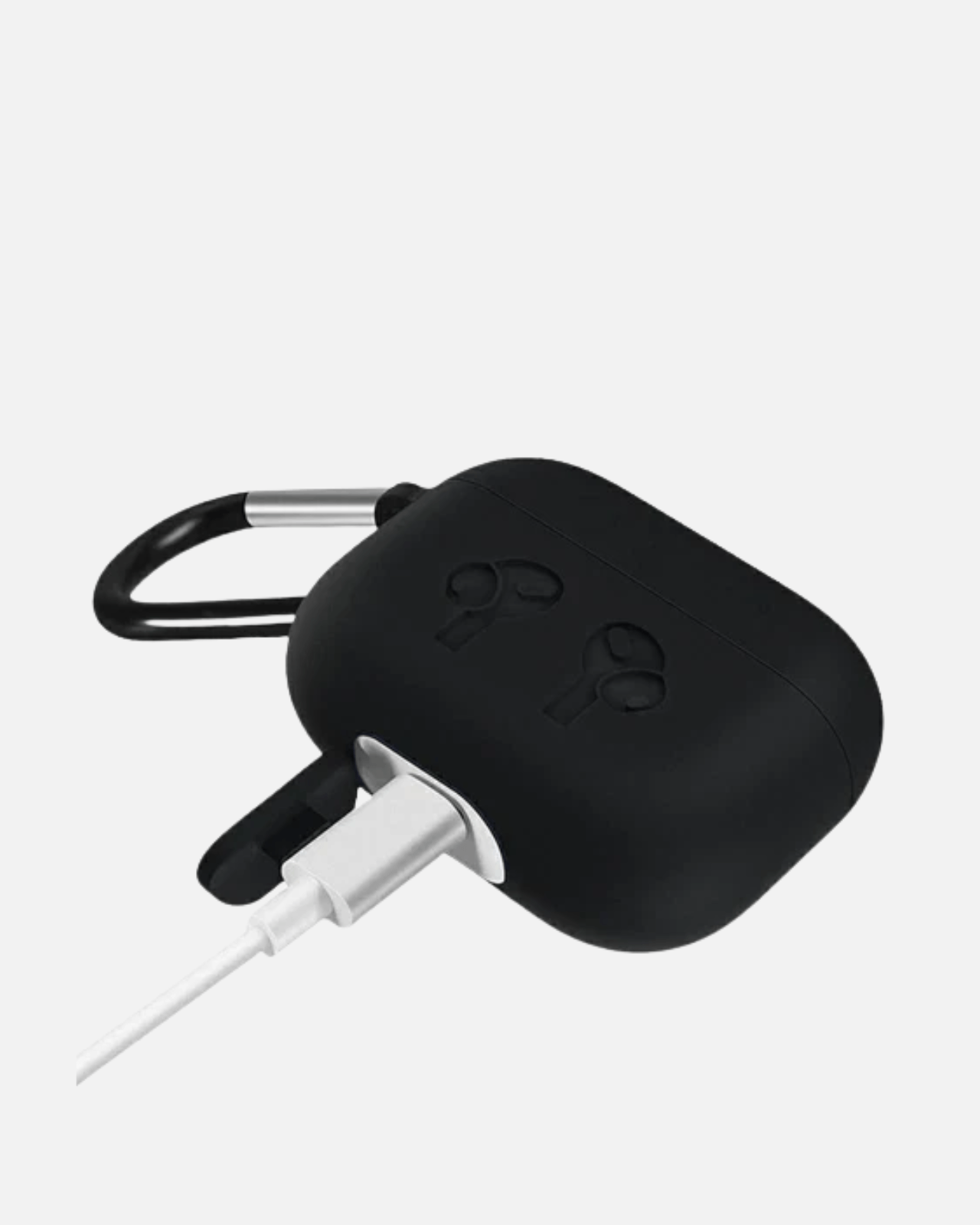 Protective case for AirPods 4th generation in black silicone, with charging cable and carabiner attachment.