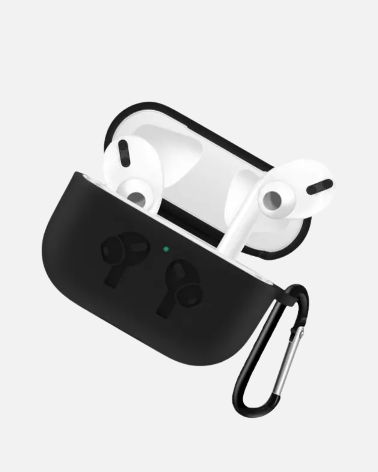 AirPods 4th Generation in a black soft silicone protective case with a carabiner clasp.