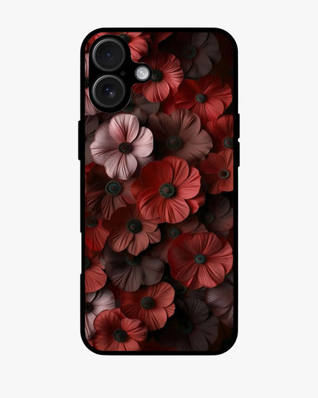 Glossy floral printed phone case featuring red and pink blossoms on a dark background, ideal for iPhone, Samsung, Pixel & OnePlus.