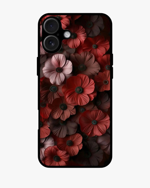 Glossy floral printed phone case featuring red and pink blossoms on a dark background, ideal for iPhone, Samsung, Pixel & OnePlus.