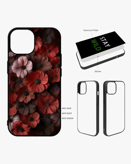 Red blossom printed phone case with aluminum back, features anti-skid, anti-dust, and anti-shock design.