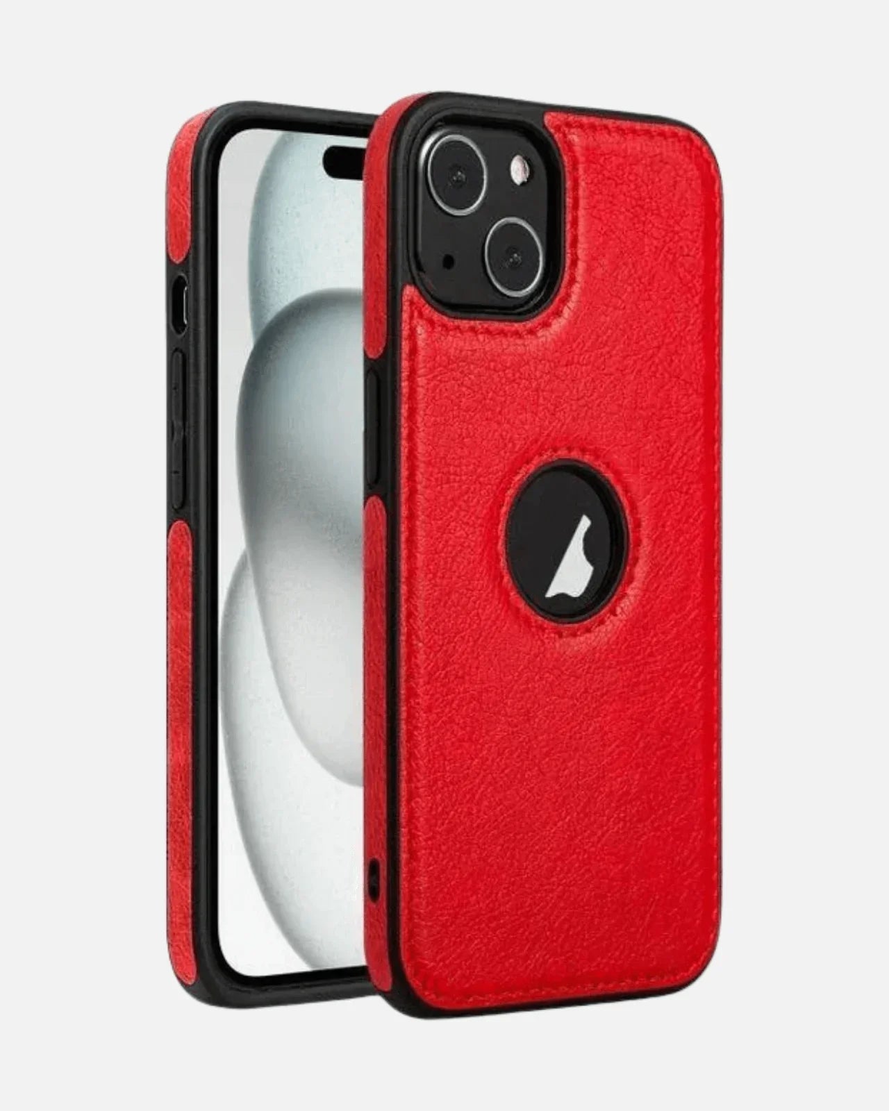 Red leather hybrid iPhone case with logo cutout, slim fit and shockproof TPU edge for protection.