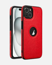 Leather Hybrid Case with Logo Cutout – iPhone 13/14/15/16E Series – Red – Slim Fit with Shockproof TPU Edge