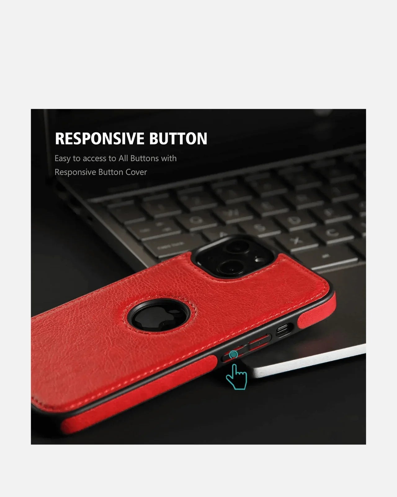 Red leather hybrid case for iPhone with responsive button cover and logo cutout, resting on a laptop.